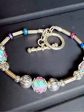 🥀Sterling Silver Toggle Bracelet with 98% liquid silver & Lampwork Beads🥀🥀🥀